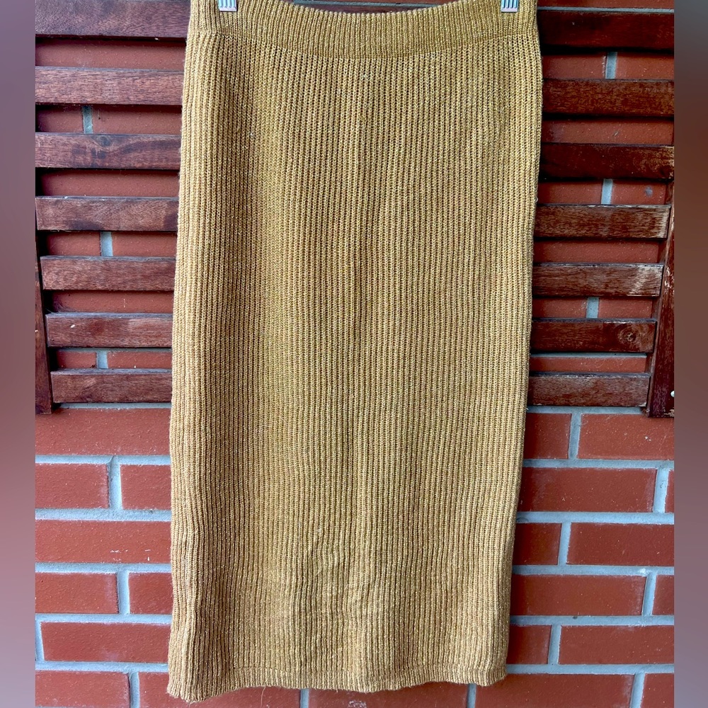 Andre Christian Gold knit high waisted midi skirt
